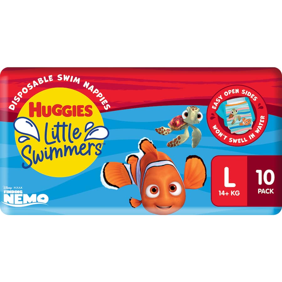 Huggies Little Swimmers Large swimpants with Disney Pixar Nemo design, absorbent, non-swelling fabric, and leak guards for swimming fun.