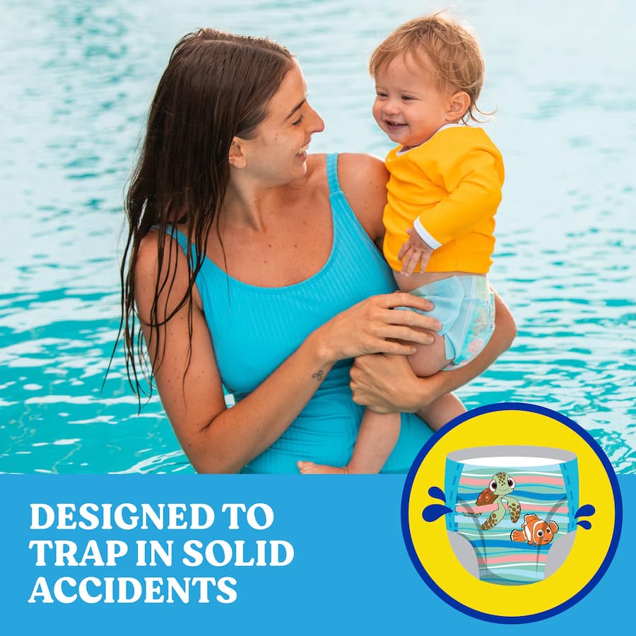Huggies Little Swimmers Large swimpants feature Nemo designs, leak guards, and stretchy sides for comfortable swimming adventures.