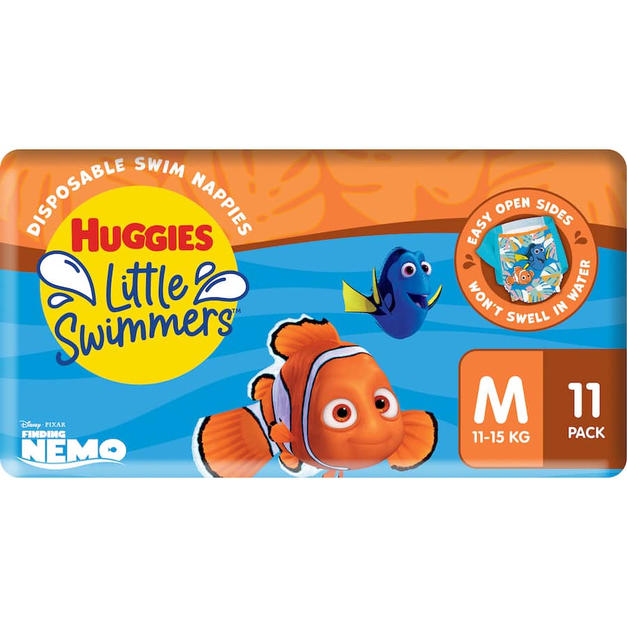 Huggies Little Swimmers Medium swim diapers with Nemo designs, leak guards, and stretchy sides for comfy water use.