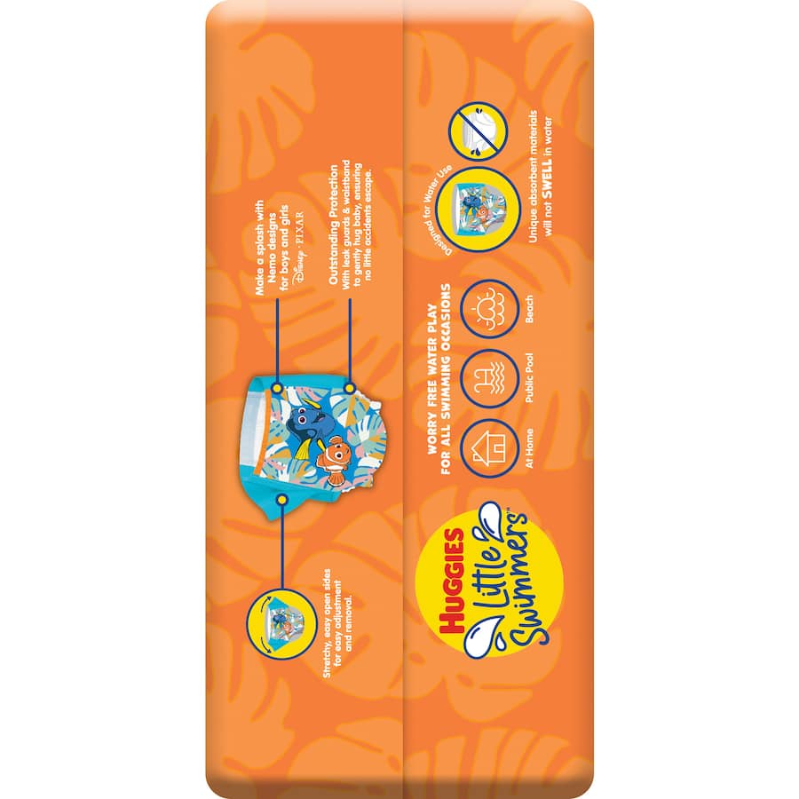 Huggies Little Swimmers Medium swim diapers (11-15kg) with Nemo prints, designed for leak protection and comfort in water.