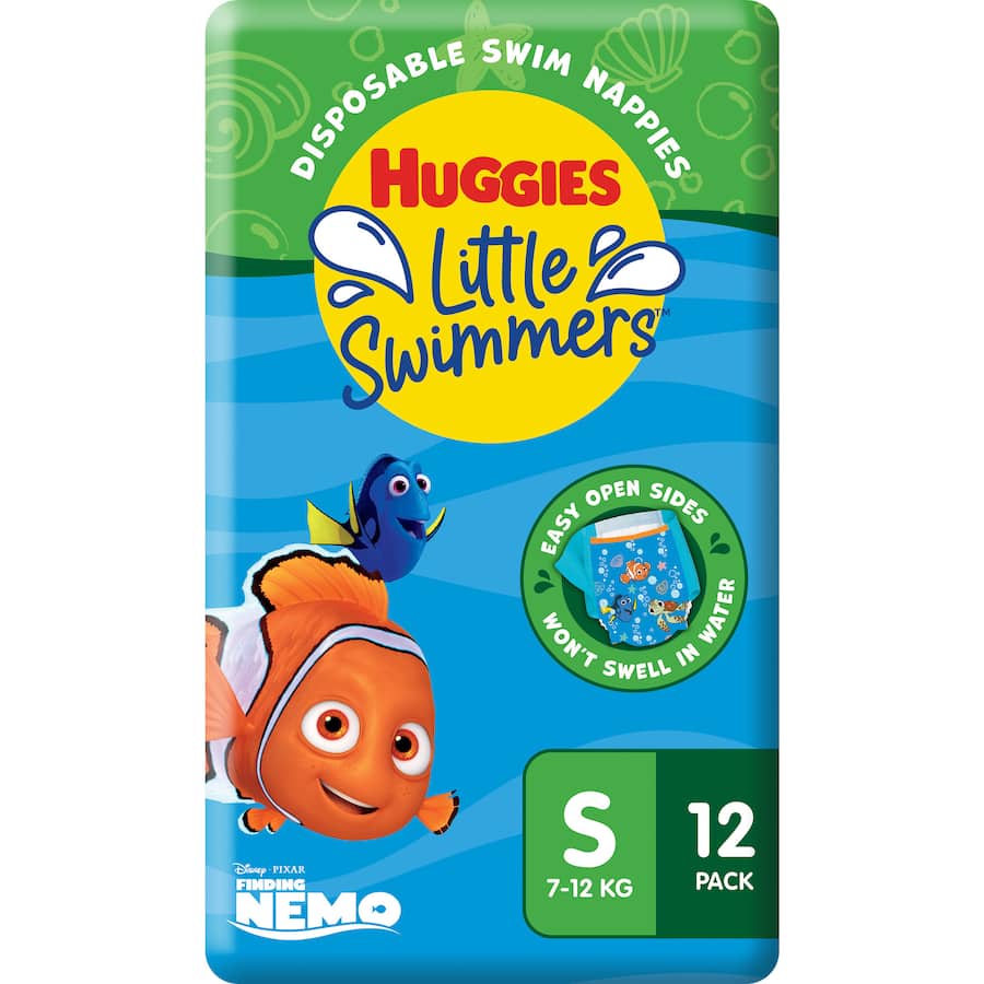 Huggies Little Swimmers swimpants in Nemo design for babies 7-12kg, offering leak protection and stretchy, easy-open sides.