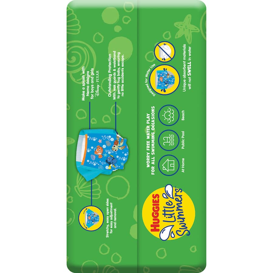 Huggies Little Swimmers Swimpants in Nemo design for babies 7-12kg, offering comfort, protection, and easy adjustments for swimming.