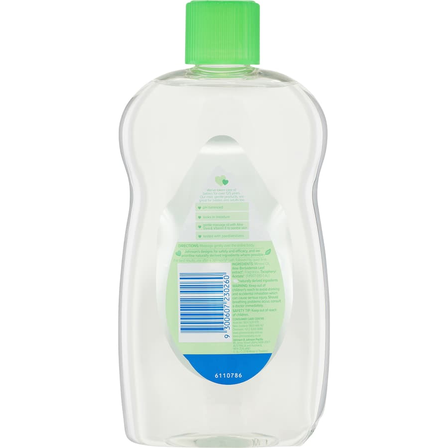 Johnson's Baby Oil Aloe Vera: Nourishing oil with Aloe Vera and Vitamin E for soft, smooth baby skin, ideal for gentle massage.