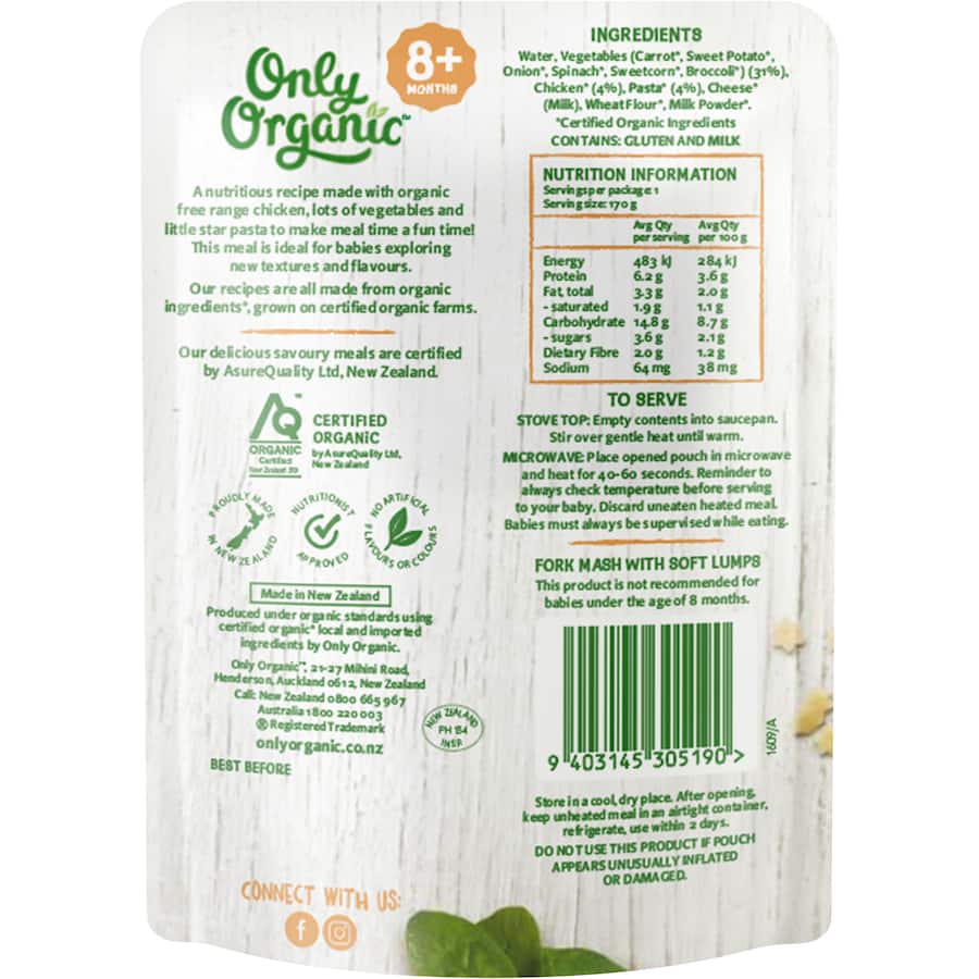 Only Organic Baby Food Chicken & Vegetable Pasta 170g