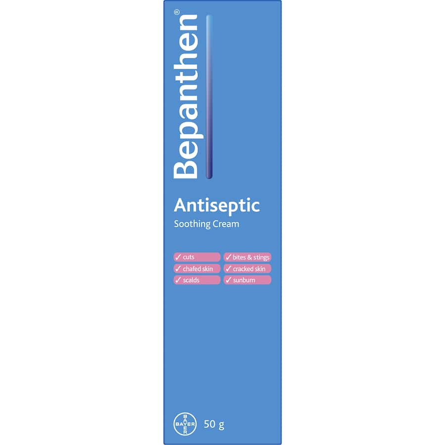 Bepanthen Antiseptic Soothing Cream for healing and protecting damaged skin, ideal for cuts, sunburn, and sensitive areas.