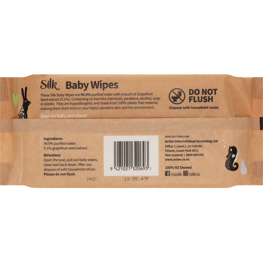 Ultra-soft Silk Baby Wipes, 99.9% water, hypoallergenic, plastic-free, with grapefruit seed extract for gentle skin care.