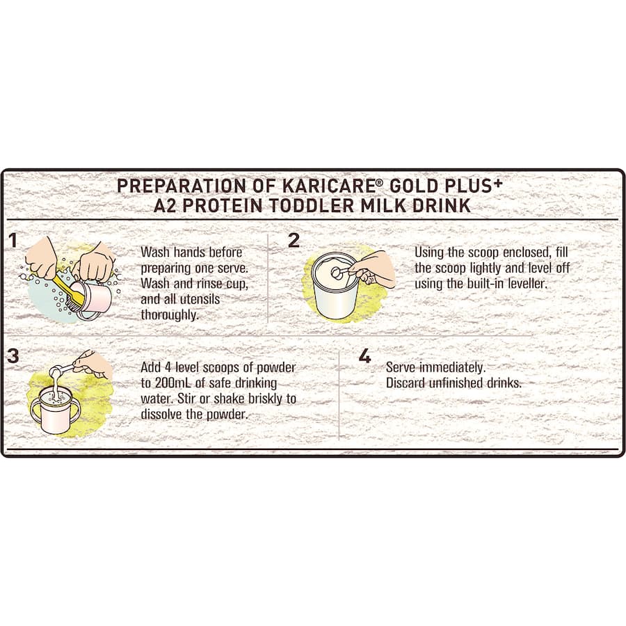 Karicare Gold Plus+ A2 Protein Junior Milk Drink for toddlers, enriched with 16 vitamins and made from natural A2 protein milk.