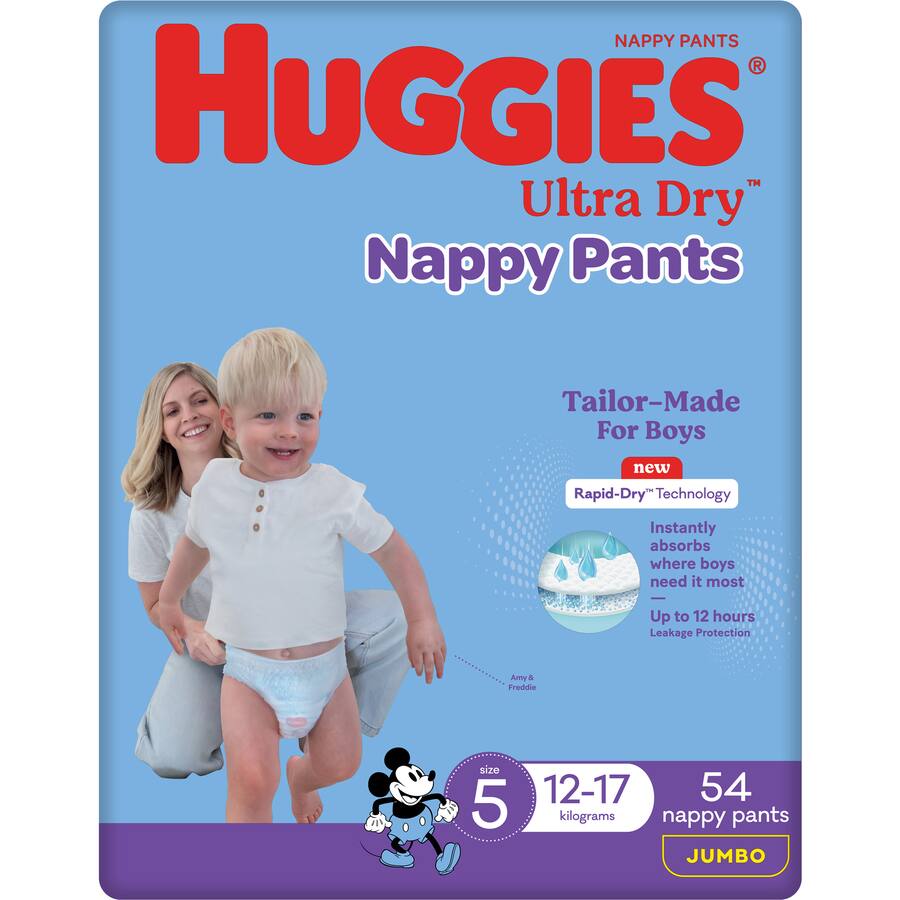 Huggies Ultra Dry Nappy Pants Boys Size 5 (12-17kg) Jumbo pack 54pack