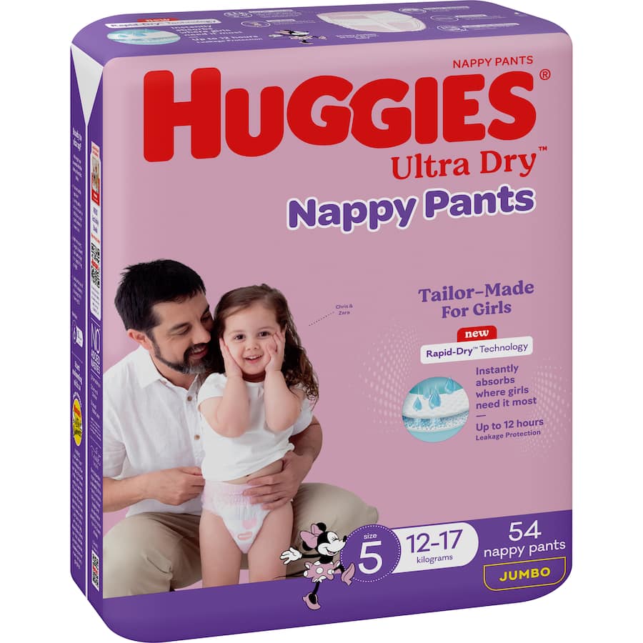 Huggies Ultra Dry Nappy Pants Girls Size 5 (12-17kg) Jumbo pack 54pack