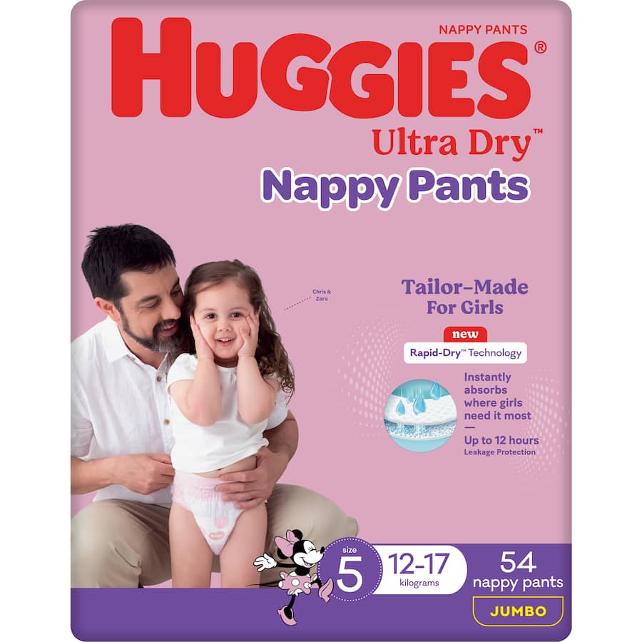 Huggies Ultra Dry Nappy Pants Girls Size 5 (12-17kg) Jumbo pack 54pack