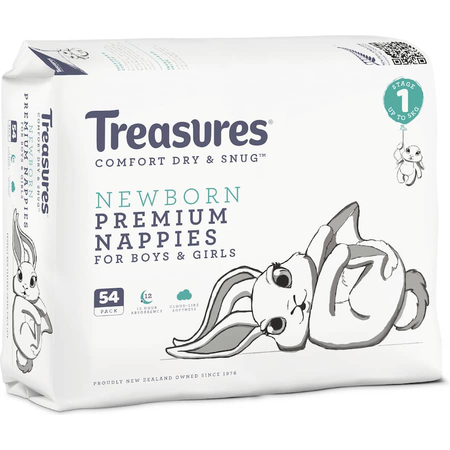 Treasures Dry & Snug Nappies Newborn Up To 5kg Bulk pack 54pack