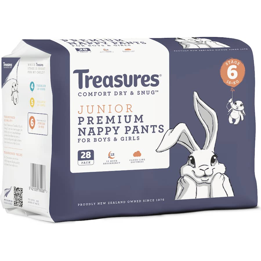 Treasures Comfort Nappy Pants for kids 16kg+, ultra-absorbent, leak guards, breathable, and fun bunny design.