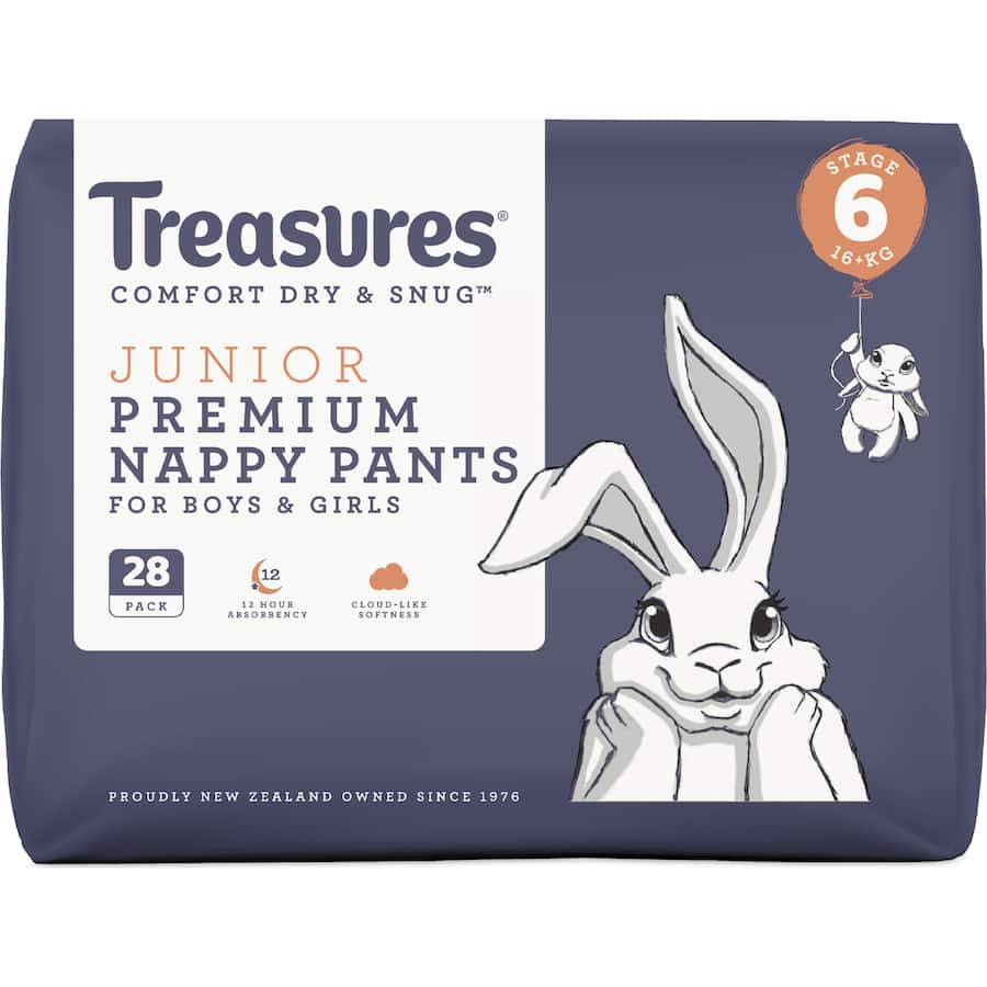 Treasures Comfort Nappy Pants Junior 16kg+ withultra-absorbent layers, soft waistband, and fun bunny pattern for comfort.