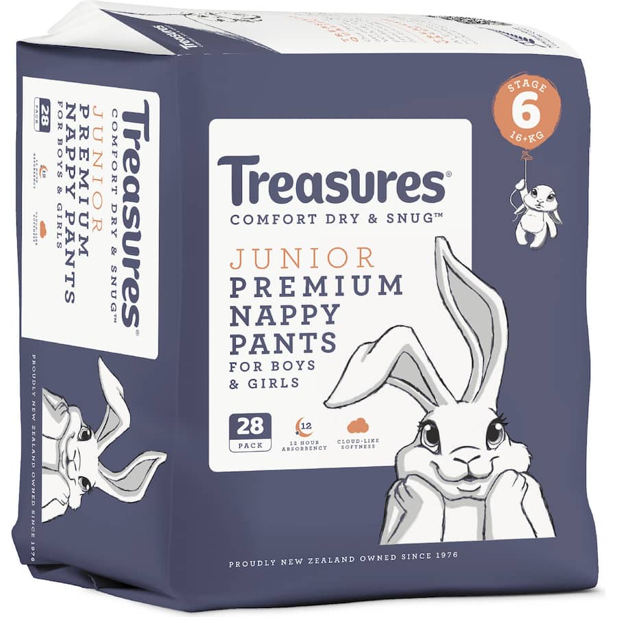 Treasures Comfort Nappy Pants Junior feature ultra-absorbent layers, soft leak guards, and a playful bunny pattern for comfort.