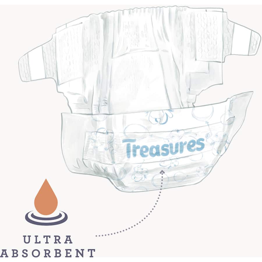 Treasures Comfort Nappy Pants Junior for kids 16kg+, featuring ultra-absorbent layers, soft leak guards, and a fun bunny design.