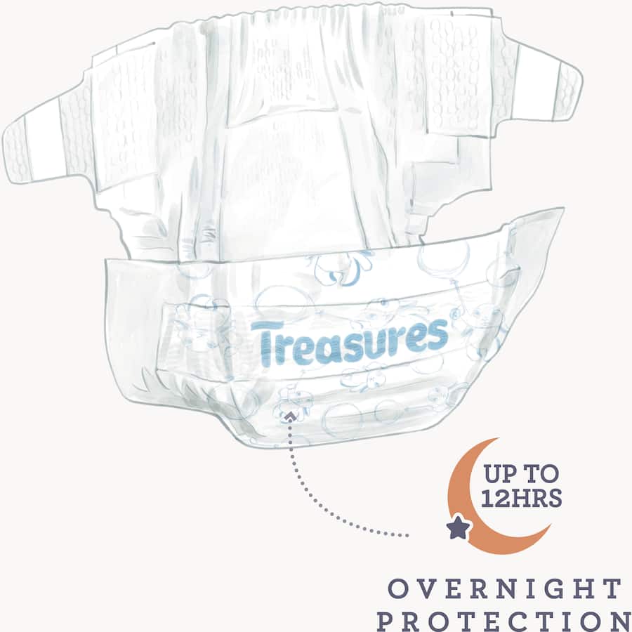 Treasures Comfort Nappy Pants Junior 16kg+ with ultra-absorbent layers, soft waistbands, and fun bunny pattern for kids.