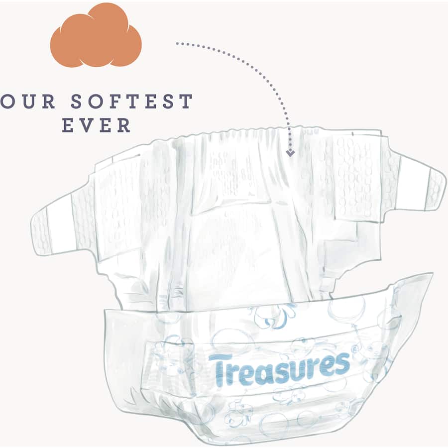 Treasures Comfort Nappy Pants Junior 16kg+ feature ultra-absorbent layers, soft leak guards, and a fun bunny pattern for all-day comfort.