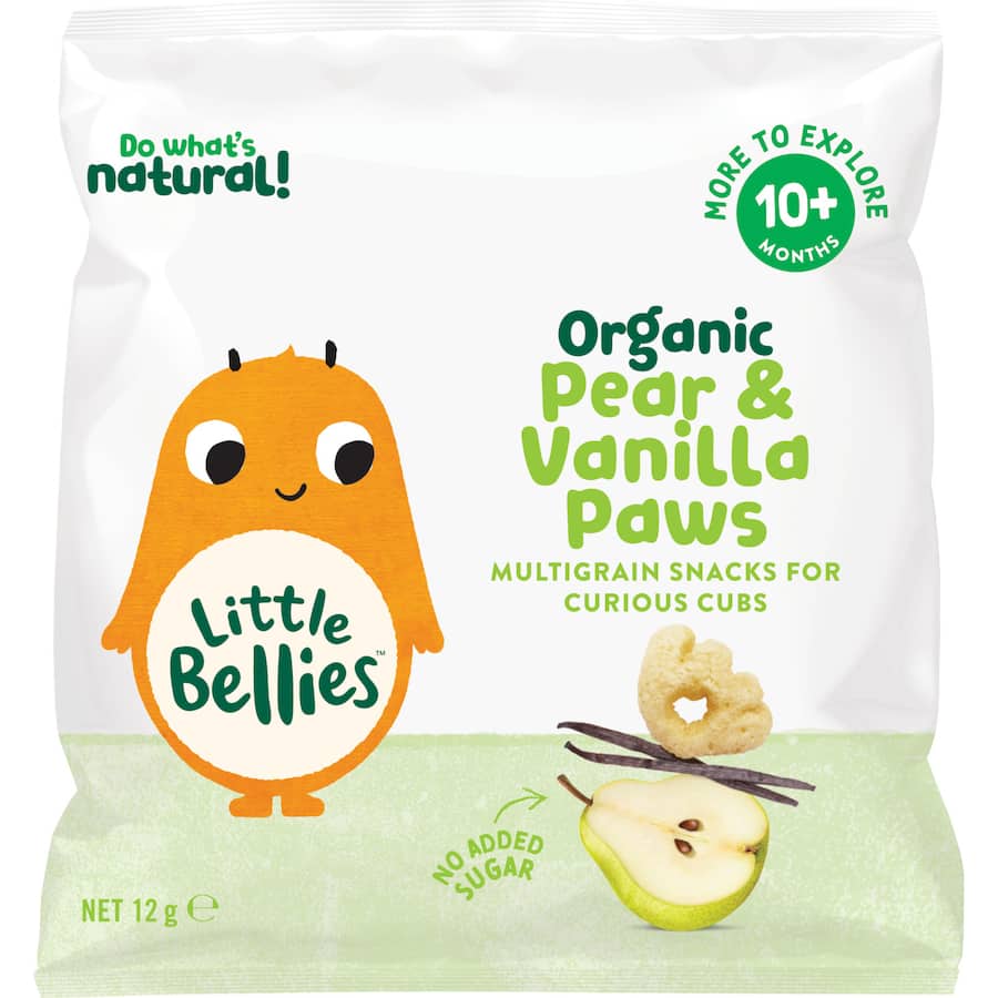 Puffed corn snacks shaped like paws with organic pear, vanilla, quinoa, and sorghum for babies 10+ months old.