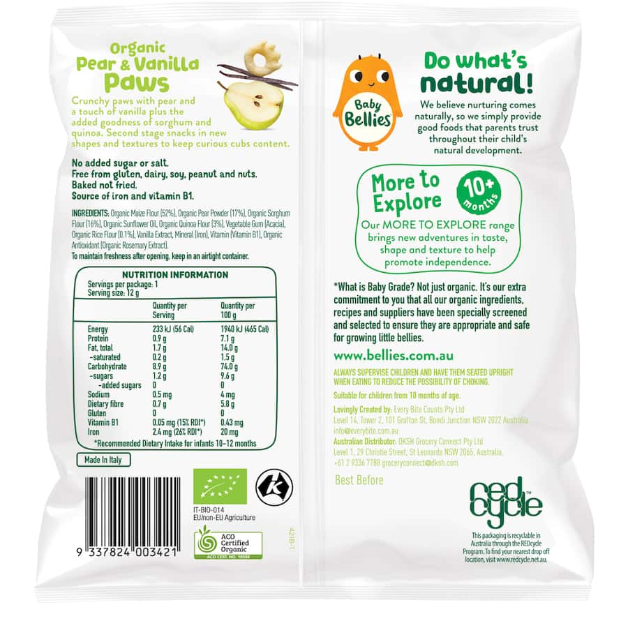 Puffed corn snacks in fun paw shapes, featuring organic pear and vanilla for adventurous babies 10 months and up.