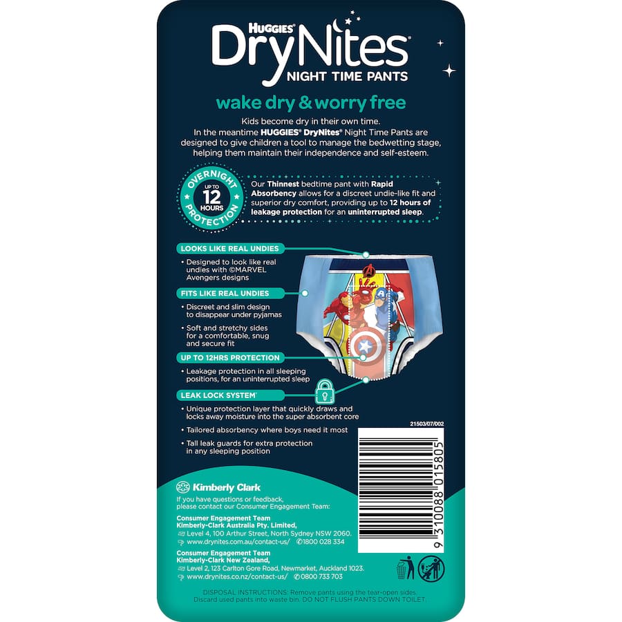 Huggies Drynites Boys 4-7 Years: discreet nighttime pants for bedwetting, offering 12 hours of absorbency and undie-like comfort.