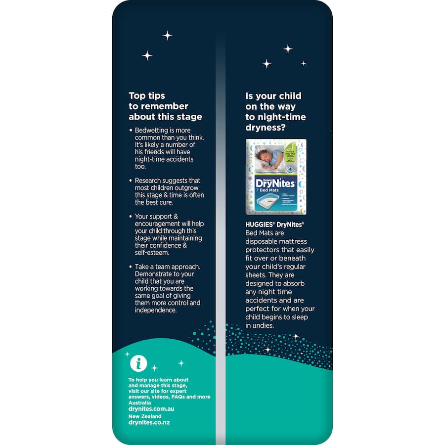 Huggies Drynites for boys aged 4-7 offer discreet, undie-like protection with rapid absorbency for a worry-free night's sleep.