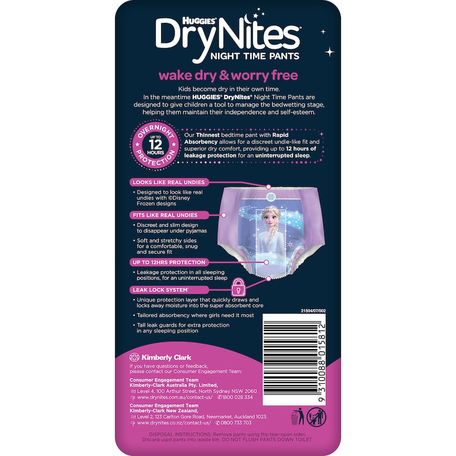 Huggies Drynites for girls aged 4-7, featuring ThinTech for discreet fit, rapid absorbency, and 12-hour leakage protection.