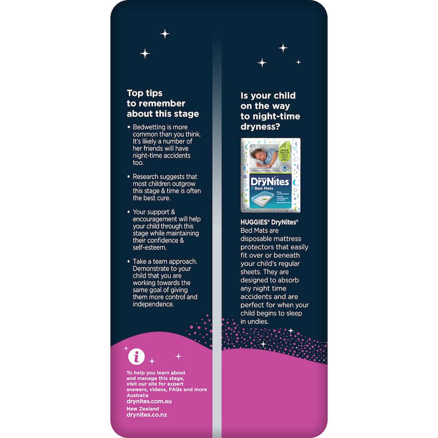 Huggies Drynites for girls 4-7 years offer discreet, undie-like comfort and 12 hours of rapid absorbency for bedwetting.