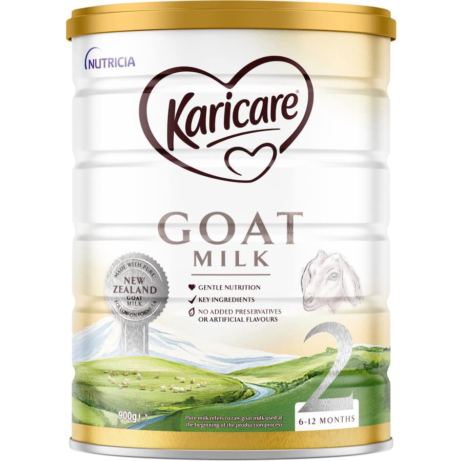 Karicare Goat Milk 2 Follow-on Formula for infants 6-12 months, featuring pure New Zealand goat milk and essential nutrients.