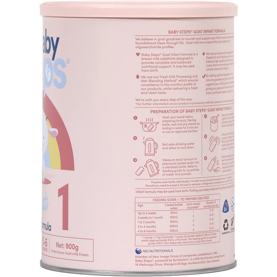 Nutritious Baby Steps Goat Milk Formula for infants, supporting growth from birth to 6 months with fresh, balanced nutrition.