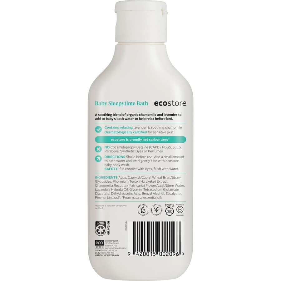 Ecostore Baby Bath Sleepytime features organic chamomile and lavender, promoting relaxation for babies and parents alike.