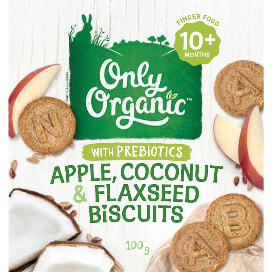 Only Organic Baby Snacks 10+ Months Apple Coconut Flaxseed Biscuit 100g
