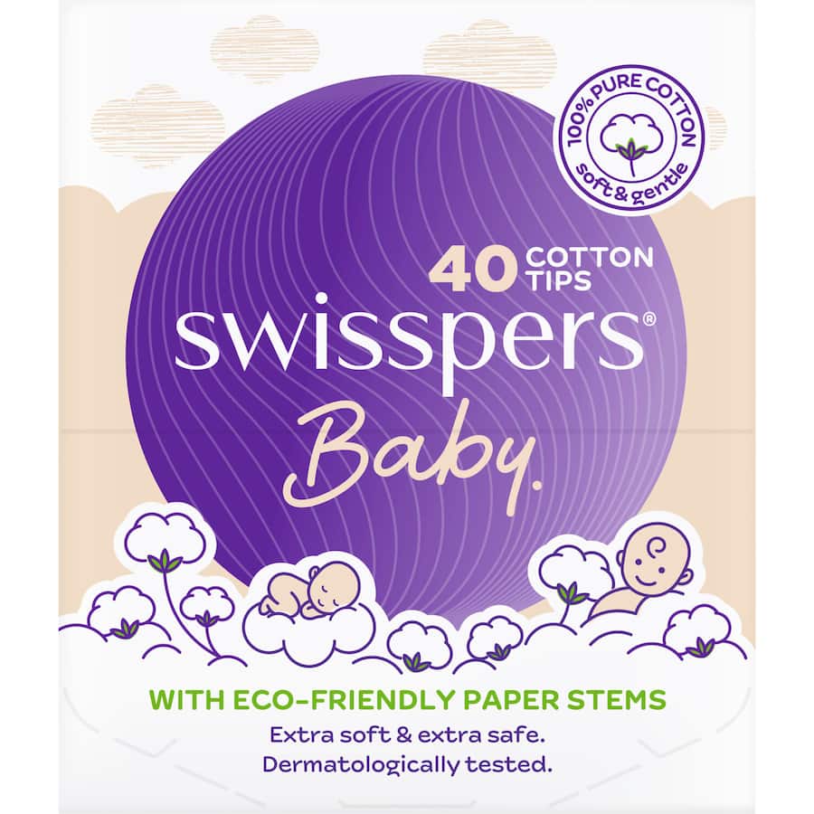Swisspers Baby Cotton Tips in soft pure cotton, designed for gentle and safe cleaning of delicate areas for infants.