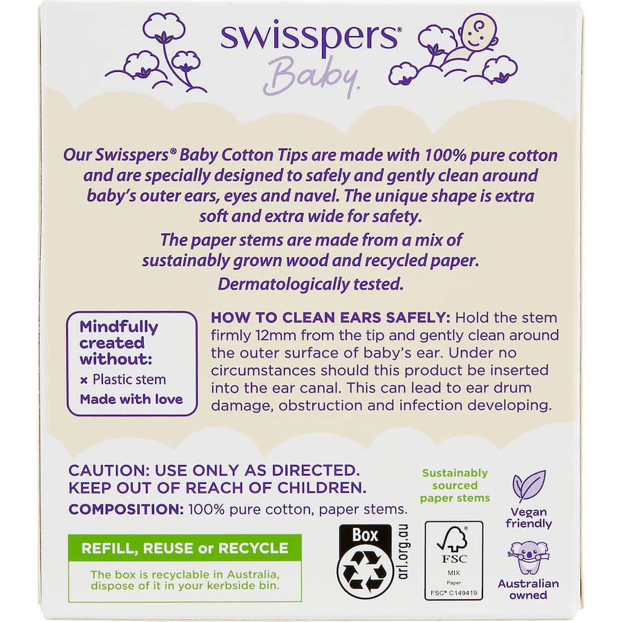 Swisspers Baby Cotton Tips in a pack, designed for gentle cleaning of babies' delicate areas with 100% pure soft cotton.
