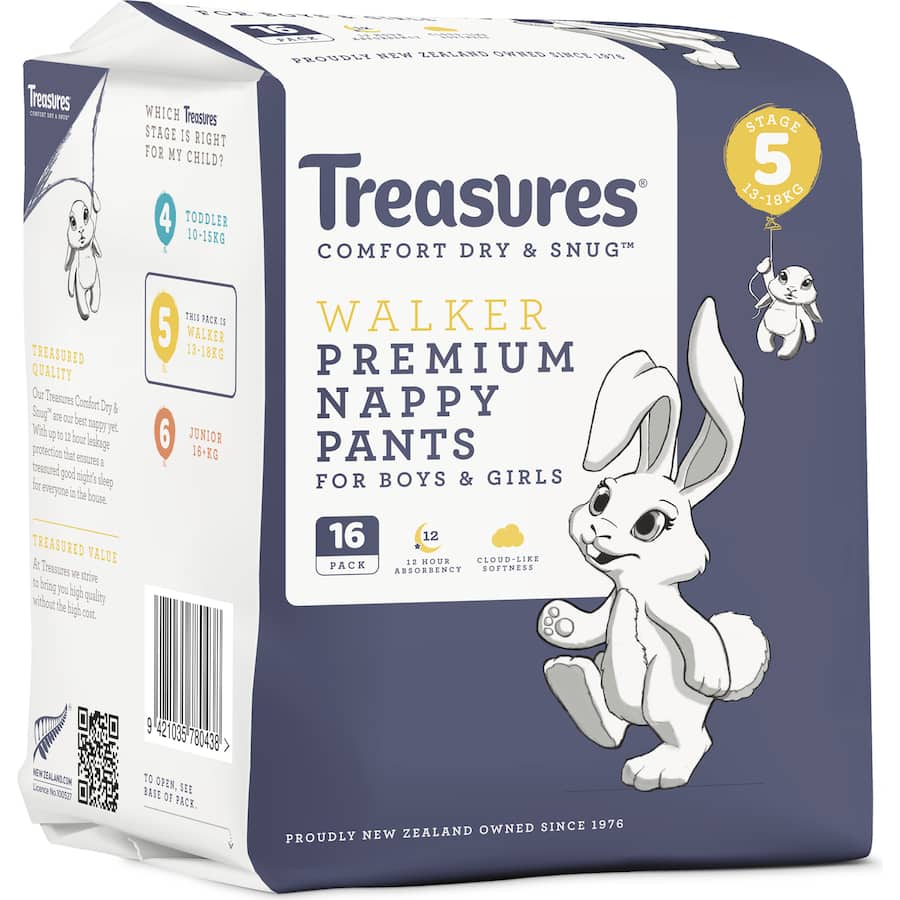 Treasures Comfort Nappy Pants for toddlers 13-18kg, featuring absorbent layers and playful bunny design for ultimate comfort.