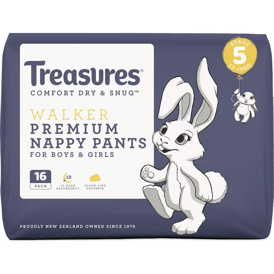 Treasures Comfort Nappy Pants for walkers, 13-18kg, featuring soft, absorbent layers and playful bunny design for all-day comfort.