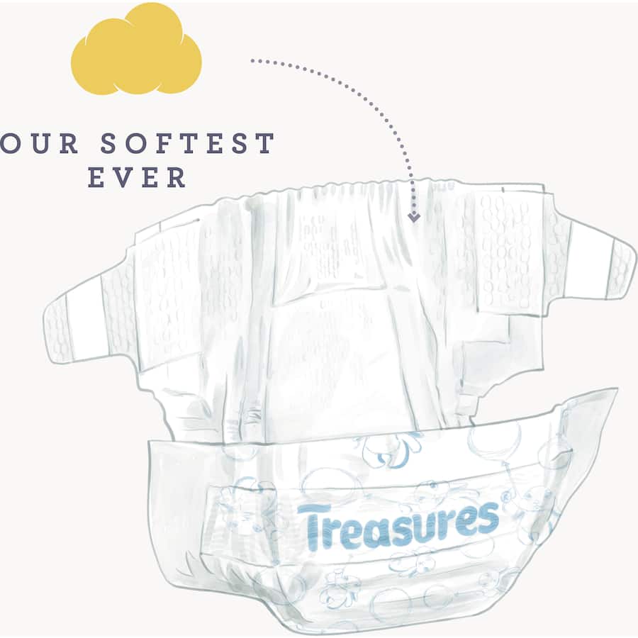 Treasures Comfort Nappy Pants Walker for babies 13-18kg, featuring ultra-absorbency, softness, and playful bunny design.