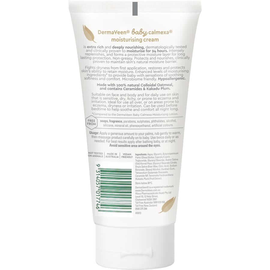 Nourishing baby cream with colloidal oatmeal, clinically proven for 24-hour hydration and protection against dryness.