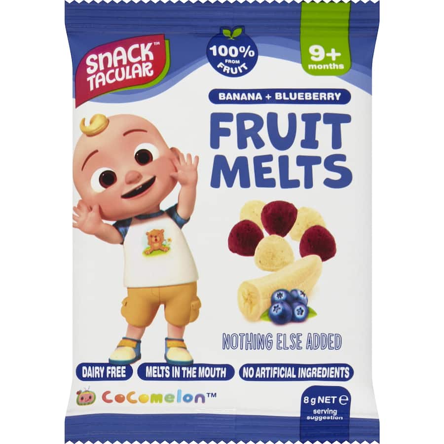Snacktacular Fruit Melts in banana and blueberry flavors, made with natural ingredients for a healthy, tasty snack.