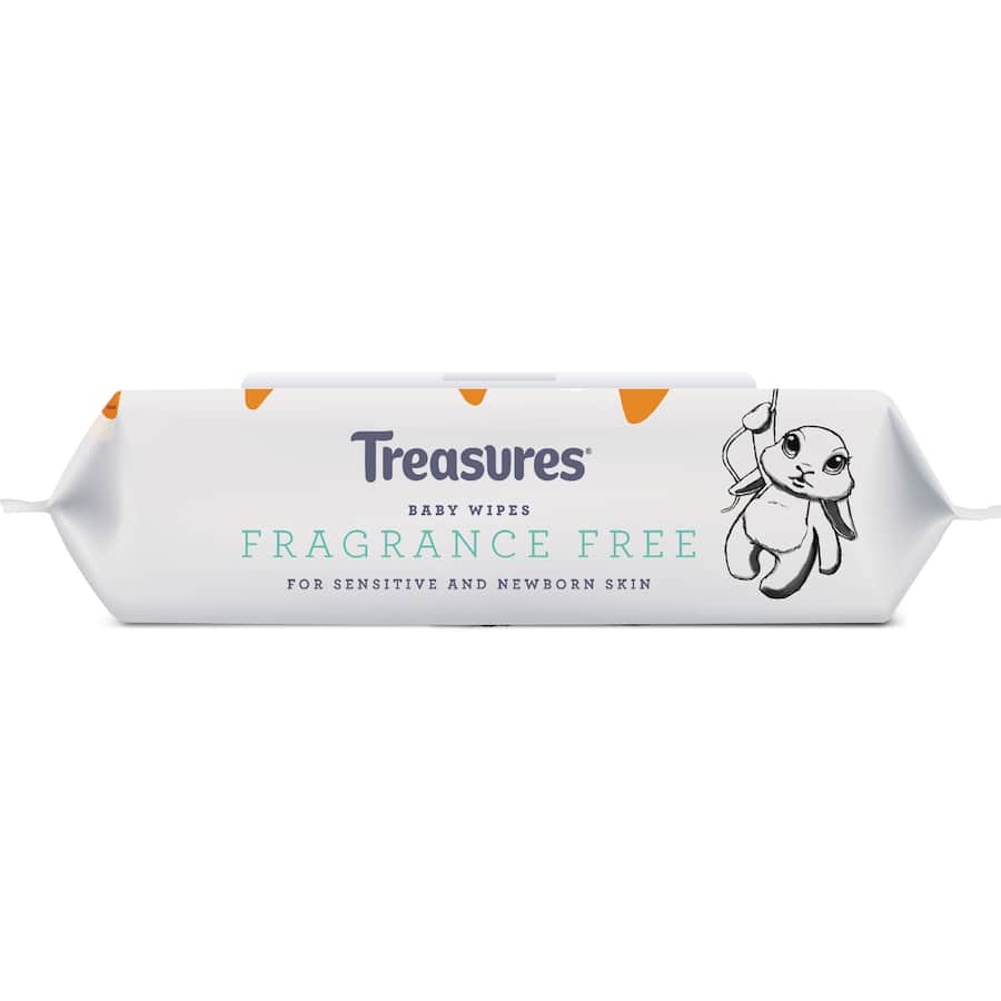Treasures Baby Wipes Fragrance Free: ultra-gentle, hypoallergenic wipes made with natural ingredients and 99% purified water.