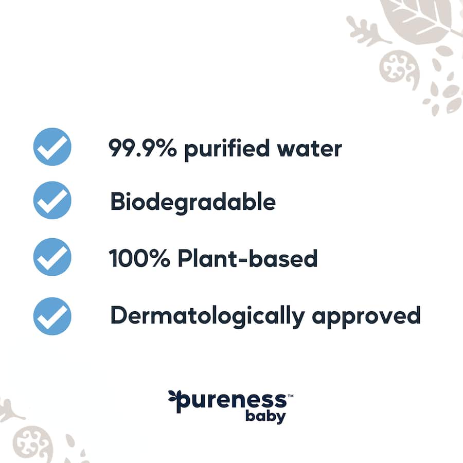Pureness Baby Wipes: 99.9% purified water, fragrance-free, biodegradable wipes for gentle cleansing of sensitive skin.