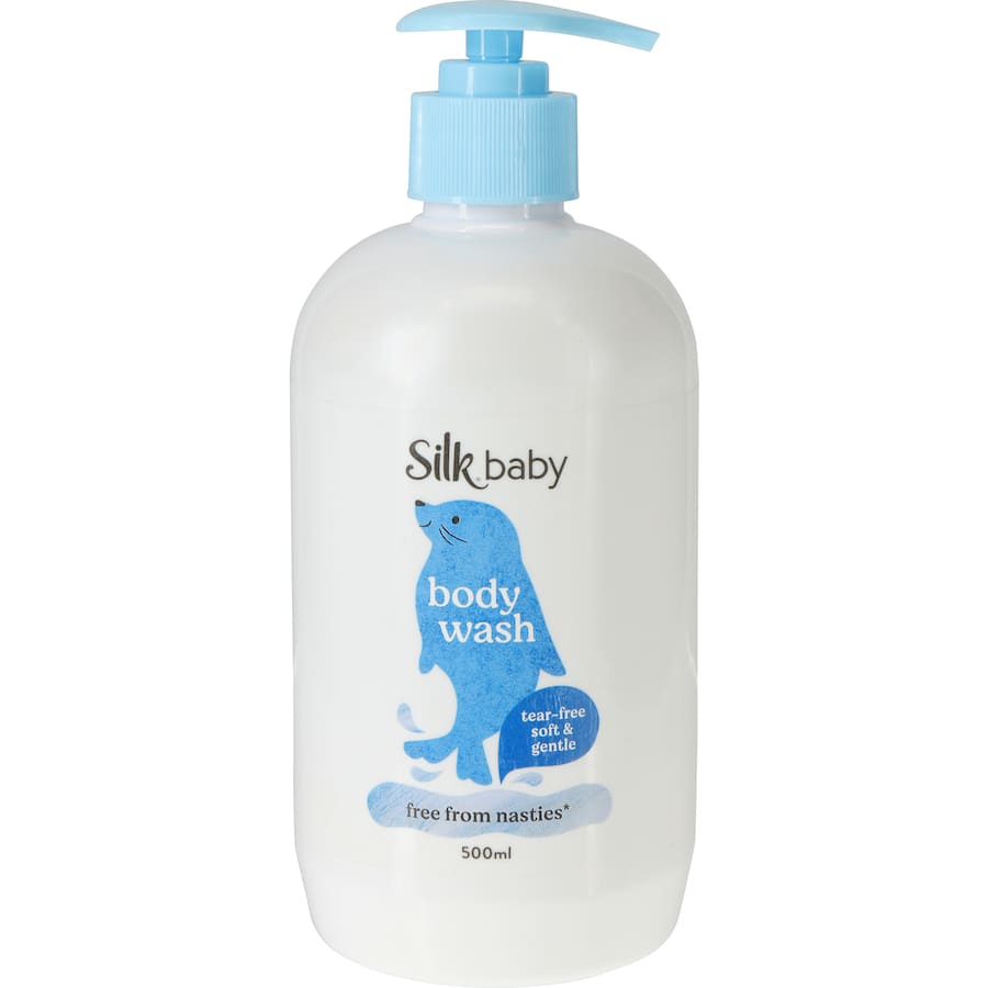 Silk Baby Body Wash in a pump bottle, featuring a gentle, lightly fragranced formula for delicate baby skin care.