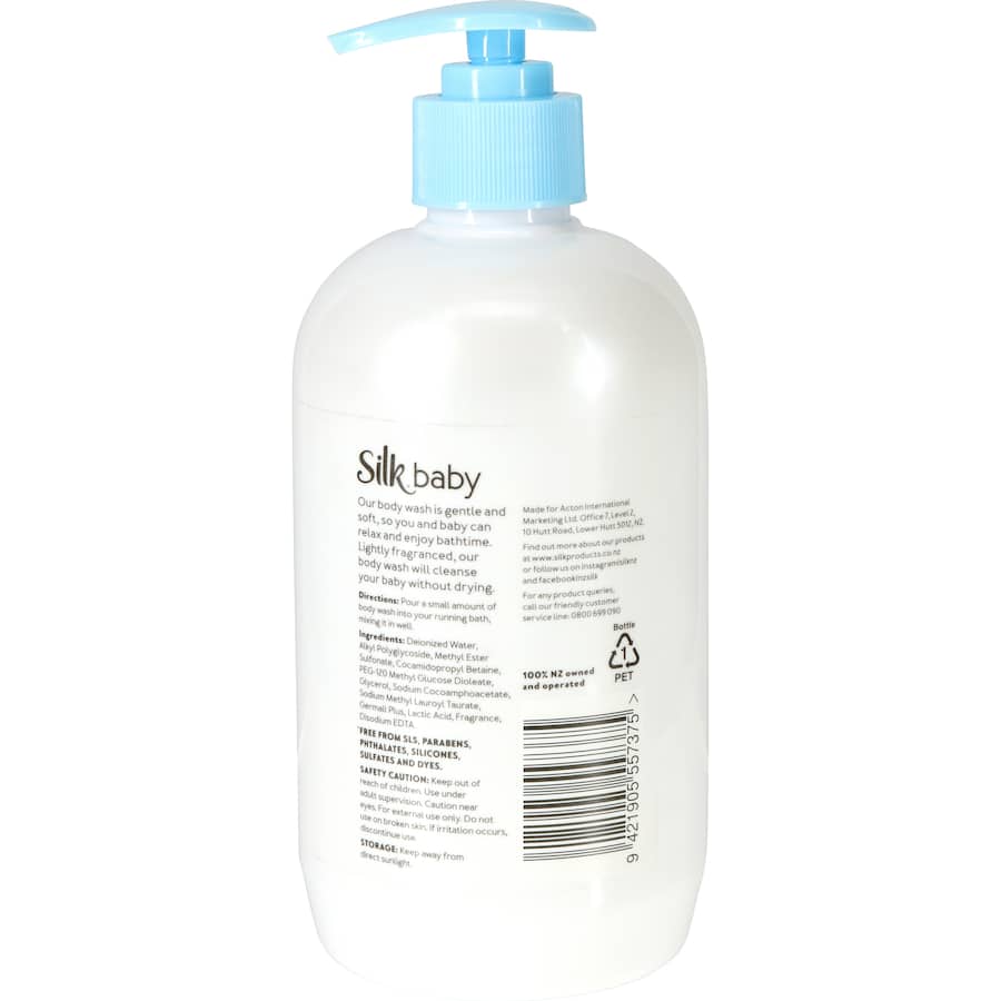 Gentle Silk Baby Body Wash in a pump bottle, designed for delicate skin, free from harsh chemicals for a soothing bath experience.