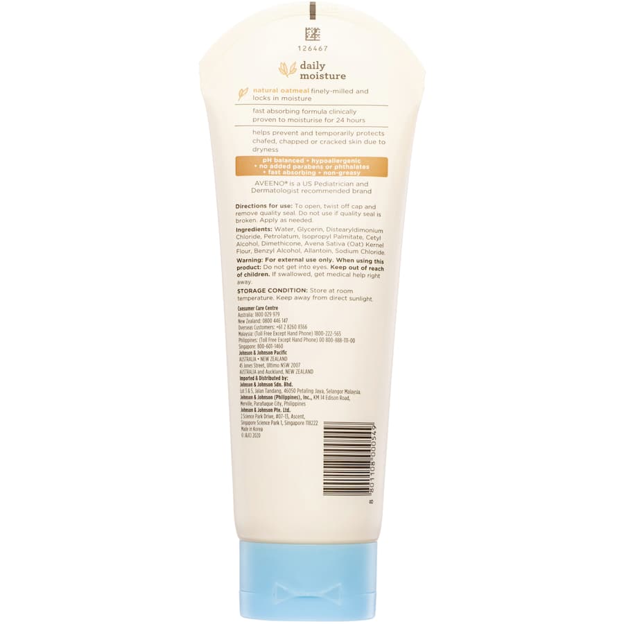 Aveeno Baby Daily Moisture Lotion, a hypoallergenic formula with oatmeal, provides 24-hour hydration for delicate baby skin.