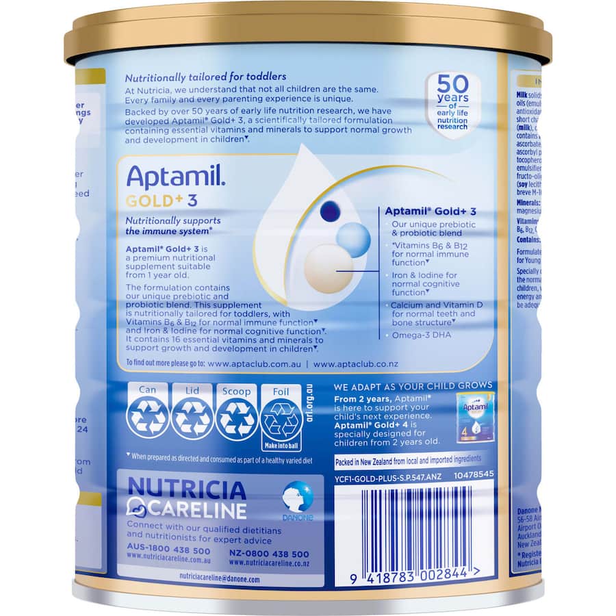Aptamil Gold+3 toddler nutritional supplement with vitamins, prebiotics, probiotics, and Omega-3 DHA for healthy growth.