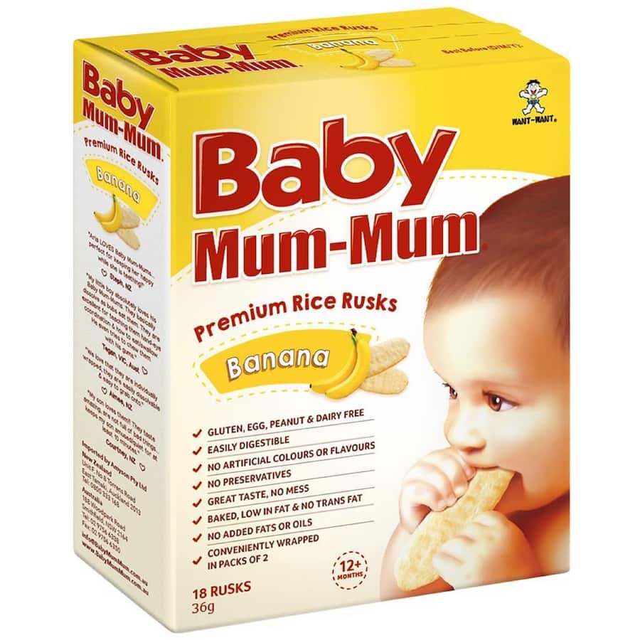 Baby Mum Mum Teething Rusks in Banana flavor, gluten-free, nutritious, mess-free snacks for babies exploring solids.