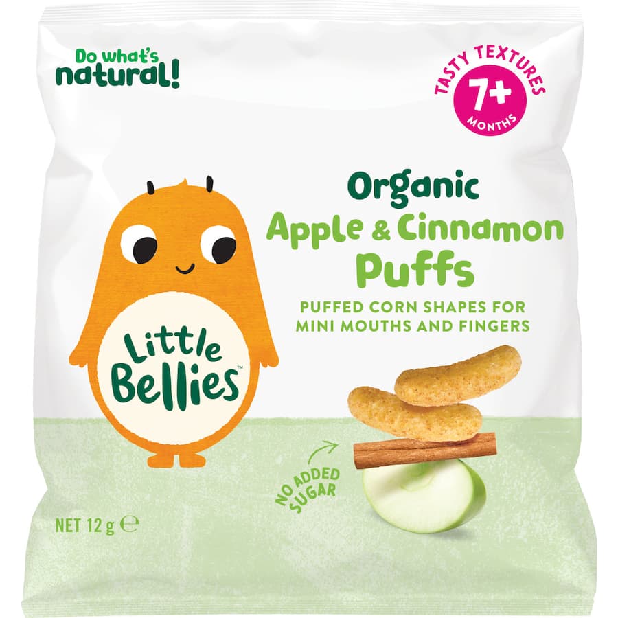 Organic apple and cinnamon puffs for babies, perfect for safe self-feeding and easy to hold with tiny fingers.