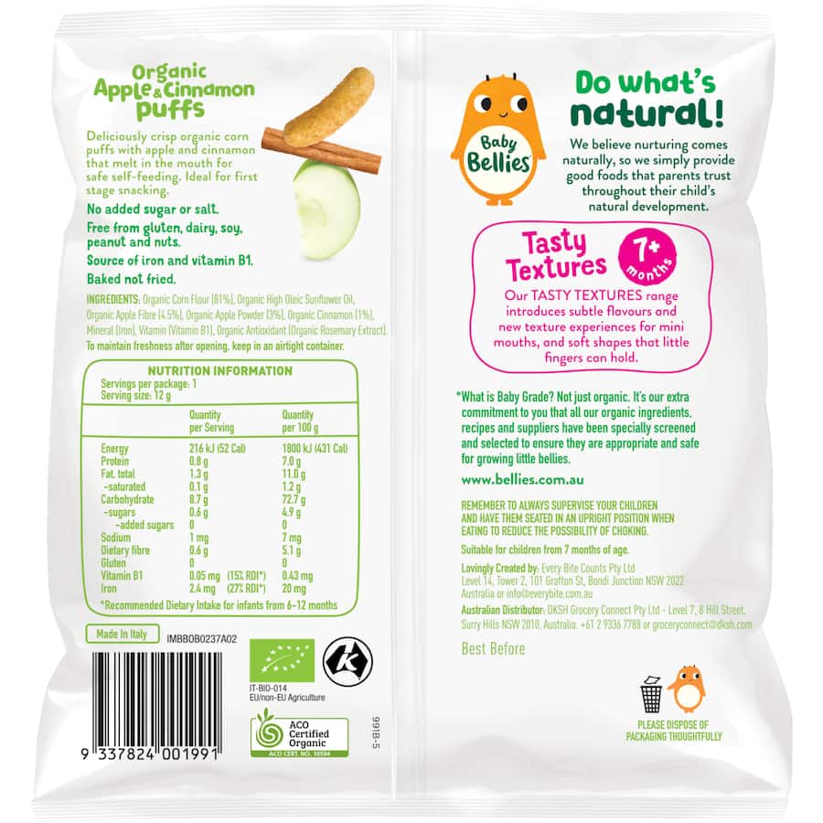 Crisp organic apple and cinnamon puffs for babies, perfect for safe self-feeding and melting in little mouths.