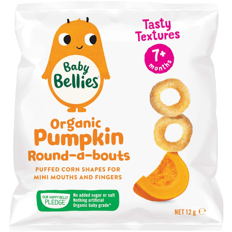 Organic Baby Snacks Pumpkin Round-a-bouts are crispy corn rings designed for safe self-feeding, ideal for first snacks.
