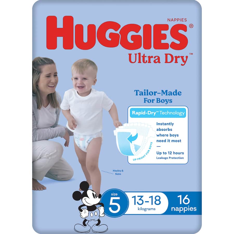 Huggies Ultra Dry Nappies Boys Size 5 (13-18kg) 16pack