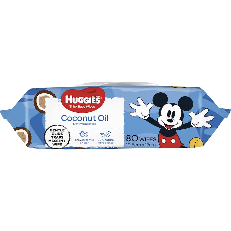 Huggies Thick Baby Wipes Coconut Oil in a pack, featuring 90% natural ingredients for gentle, effective baby care.